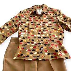 Brown Silk Button-front Blouse and Matching Pants Suit Set Size 4 Retro Vintage